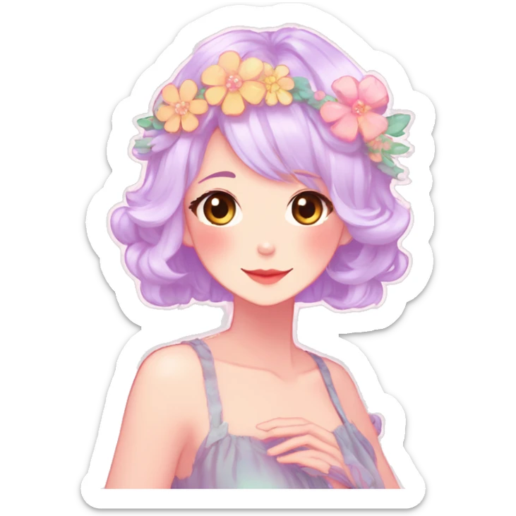 Gorgeous Shiny Colorful Pastel Anime Mature Lady with blushing face and pretty hair with a flower crown pastelcore kawaii cottagecore fairycore aesthetic trending style sticker
