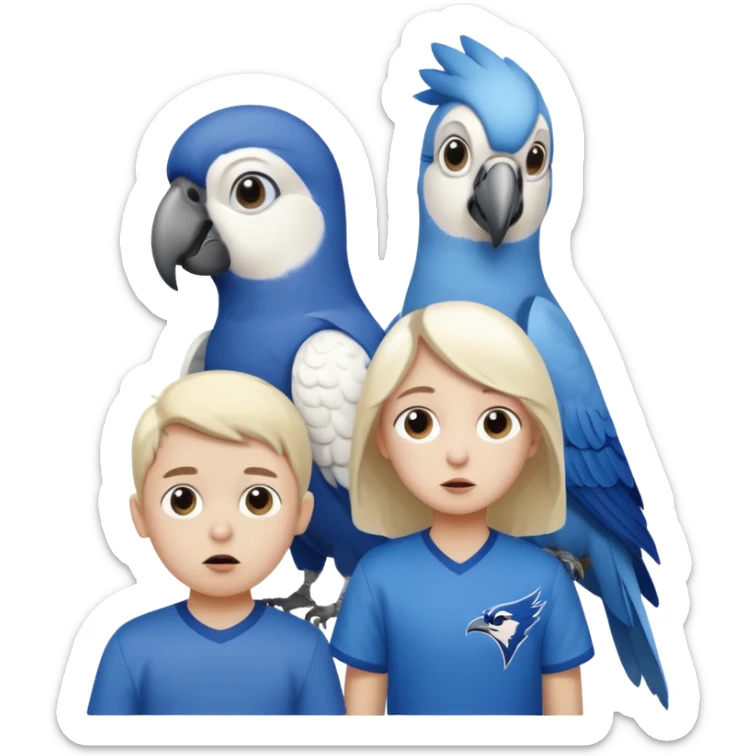 two children, one tall girl and one little boy and a white parrot watching blue jays game, with look of horror on their face sticker