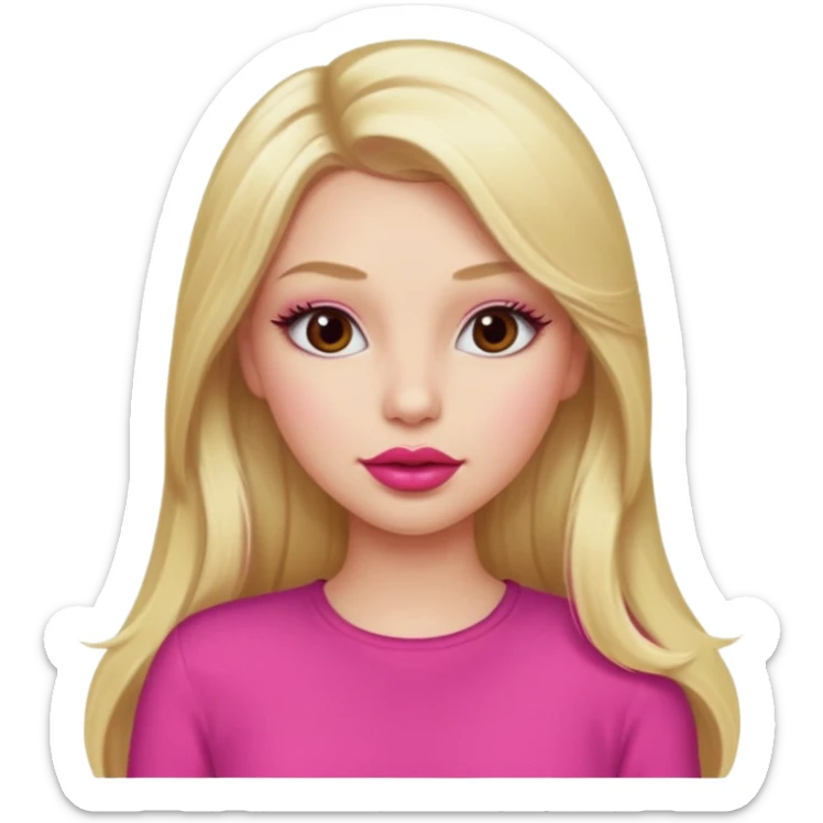 a girl with long eyelashes a pink outfit, long blonde hair, and big lips with red lipstick sticker