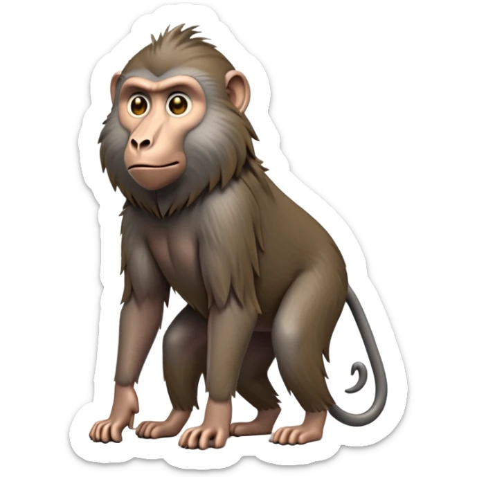 cinematic-hairy top half baboon-full-body-standing on all fours-emoji,-head-tilted-dramatically,-thick-grey-and-brown-fur,-simplified-yet-realistic-focused-features,-highly-detailed,-glowing-with-an-almost-sarcastic-glow expressive eyes, hairy mane sticker
