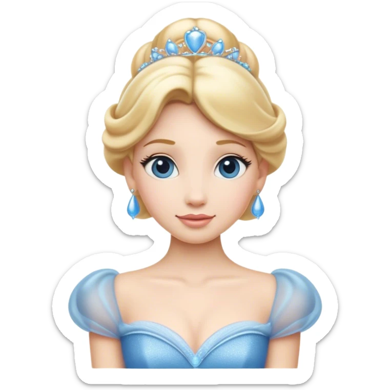 Cinematic Elegant Cinderella Portrait Emoji, rendered in a beautifully detailed, vector-style with minimal shading and bold, simplified shapes. Depict Cinderella in her classic ball gown (chest and above) with fair, porcelain skin and elegantly styled blonde hair, her eyes soft and kind, and her expression serene and graceful. The design glows with a gentle, enchanting radiance and high shine, capturing the timeless beauty of a fairy tale princess. sticker