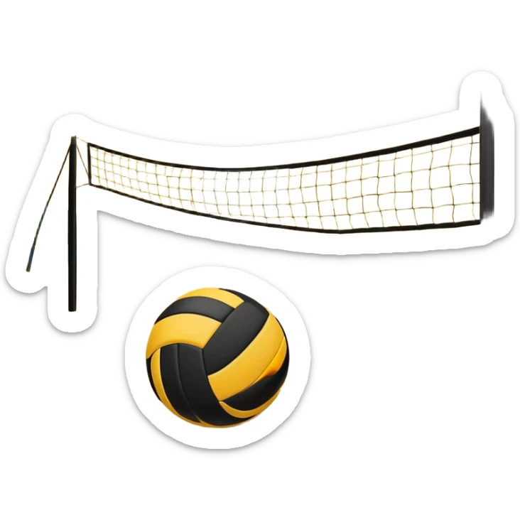 The scene captures the relaxed yet competitive vibe of beach volleyball, with warm sunlight and the natural beauty of the beach. A volleyball resting on the yellow sand on a beach, with the net in the background and a scenic view of the ocean and sky.  sticker