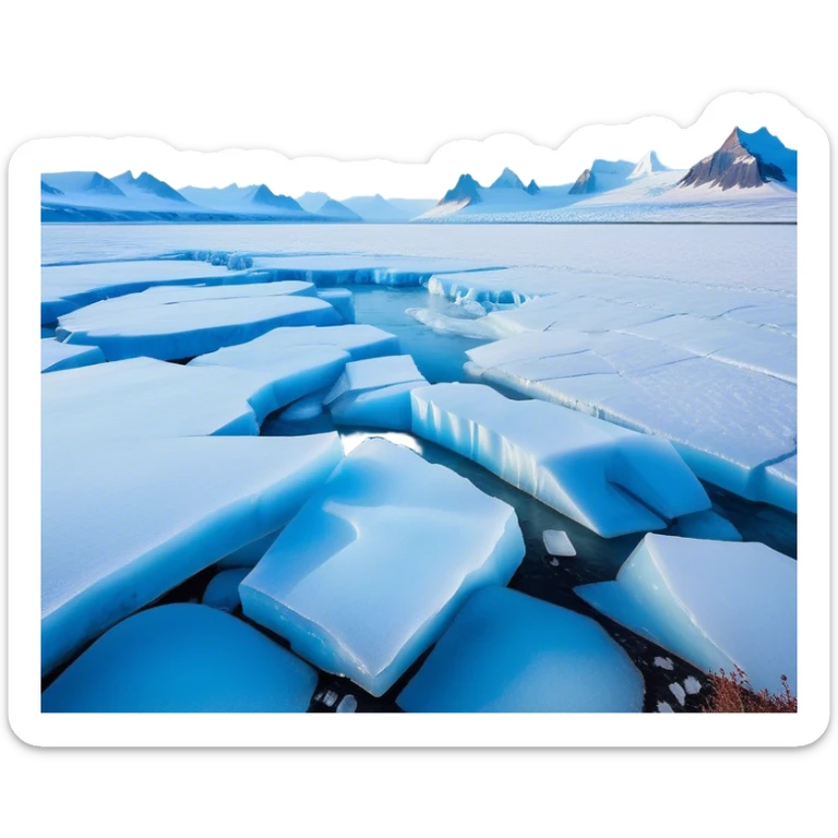 Cinematic Realistic Tundra with Glaciers Emoji in a wooden frame, Vast and frozen, with endless expanses of snow-covered ground interrupted by massive glaciers creeping across the landscape. Jagged ice formations rise in the distance, their icy blue tones contrasting with the pale, frosty sky above. Sparse grasses and hardy shrubs cling to the frozen earth, fighting against the relentless cold. The light reflects off the snow and glaciers, casting a soft glow across the desolate yet majestic terrain. Soft glowing outline, capturing the essence of a serene, stark wilderness where glaciers dominate and life endures in the harshest conditions. sticker