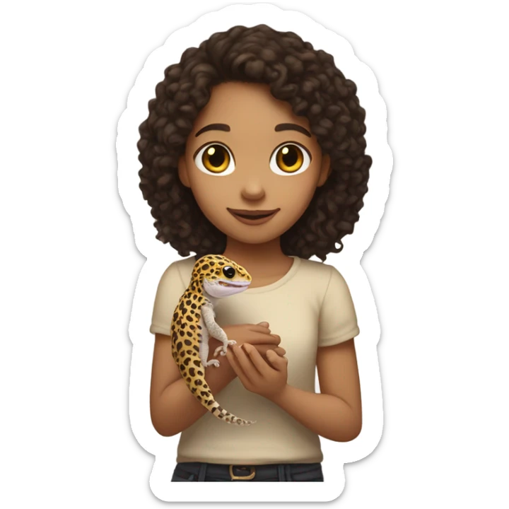 Pale girl with dark brown curly hair holding a leopard gecko sticker