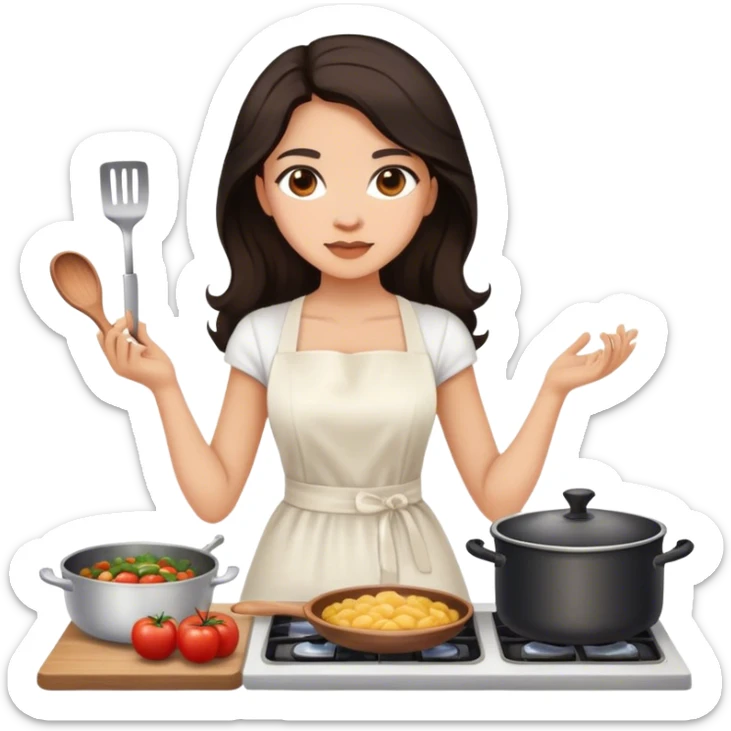 Beautiful woman in 1950’s woman fashion look, white dress, long dark brown hair, cooking sticker