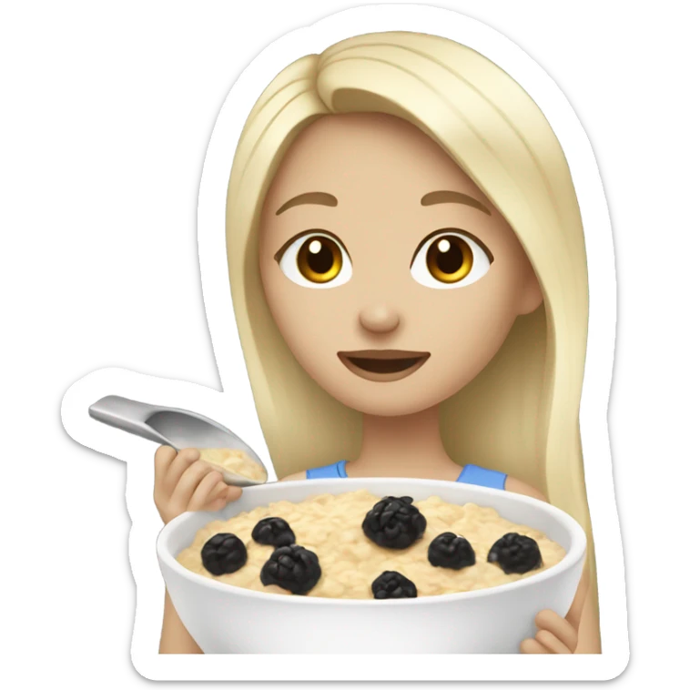 Pale girl with blonde highlights on black hair eating oatmeal sticker