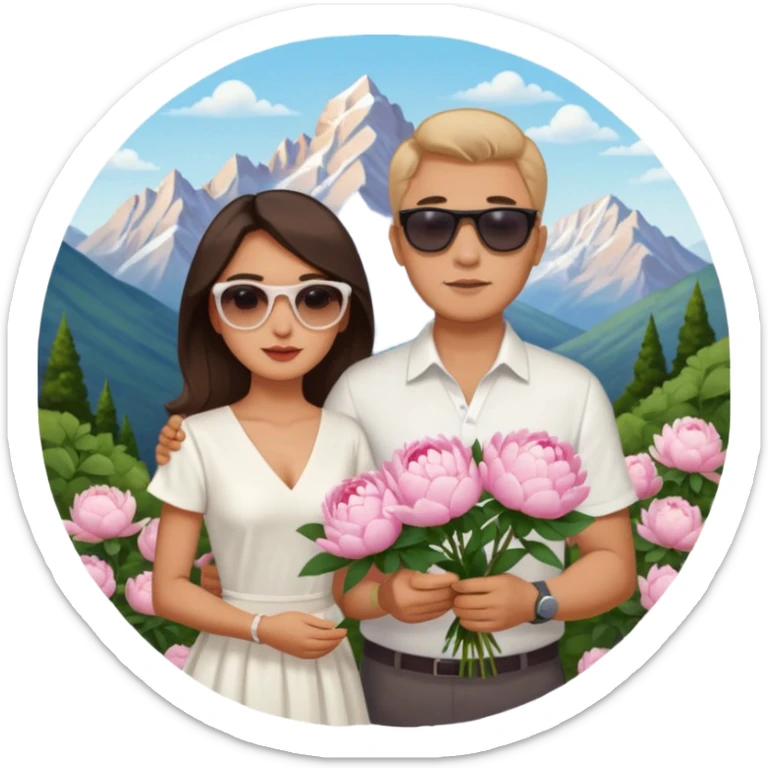 Couple traveling in Montenegro russian man and elegant  Latina girl delicate peonies and mountains in the background  sticker