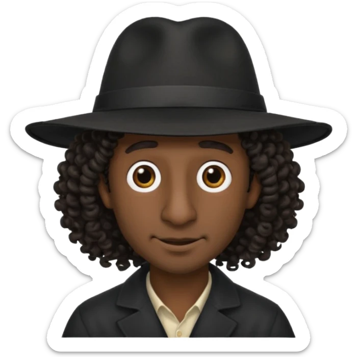 A man with a big nose and a black hat like a top hat but round and all black, with a strand of curly hair coming out from both sides of the hat, the strand of hair should be long  sticker