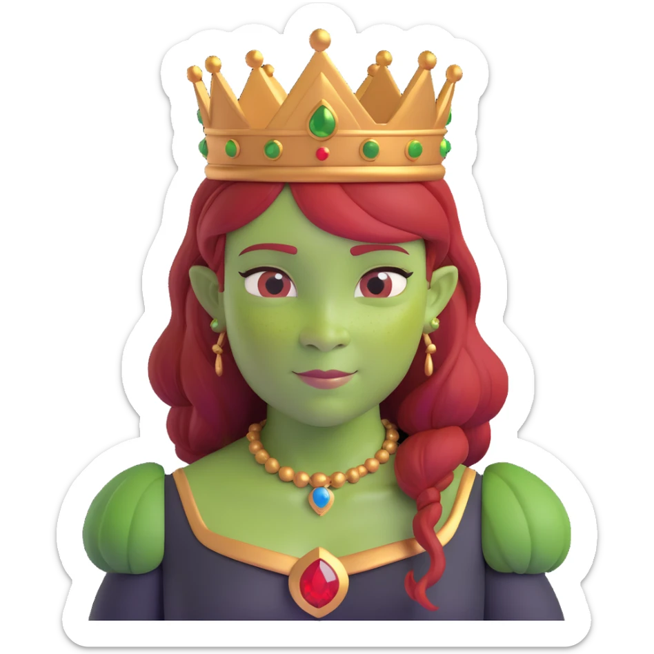 Princess Fiona as a classic fairytale princess, green ogre, red hair, wearing a crown sticker