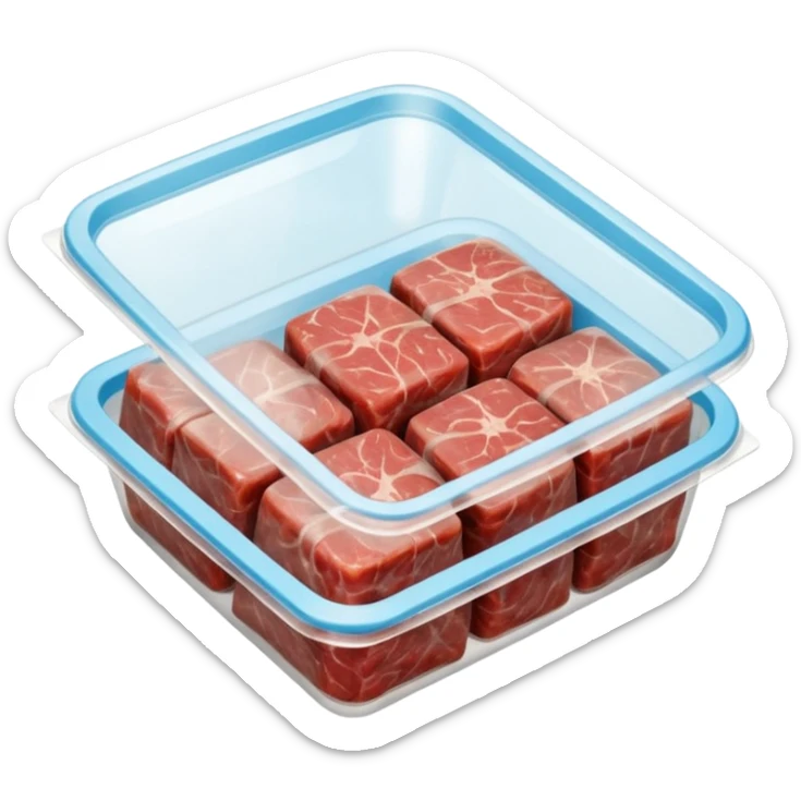 A 3D cartoon pack of minced meat wrapped in transparent plastic, supermarket-style packaging, top angleMemoji-style. sticker
