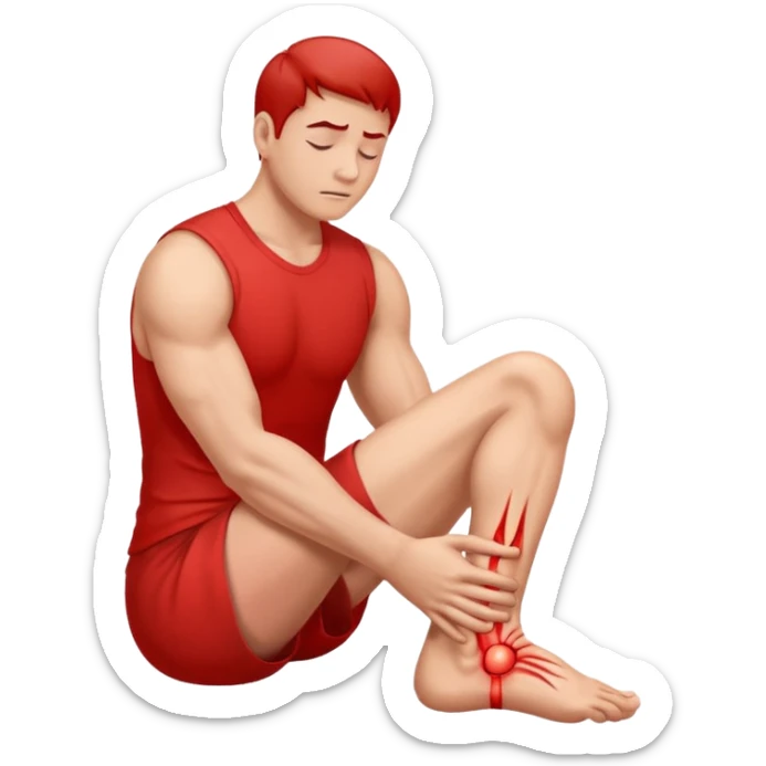 Man holding his foot in pain, muscle cramp in feet, red pain highlight on foot, simple medical emoji style, clean background sticker