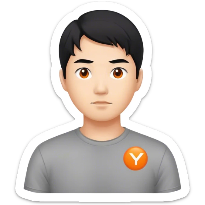 Thumbs up, but with black hair representing an asian man. Grey shirt, with a very small logo that is shaped in solid Orange, and a simple white capitalized "Y" inside of it. sticker