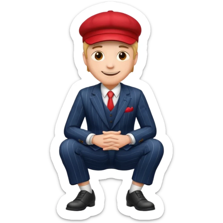 smiling man in a pinstripe suit and red cap, sitting with legs crossed, emoji style sticker