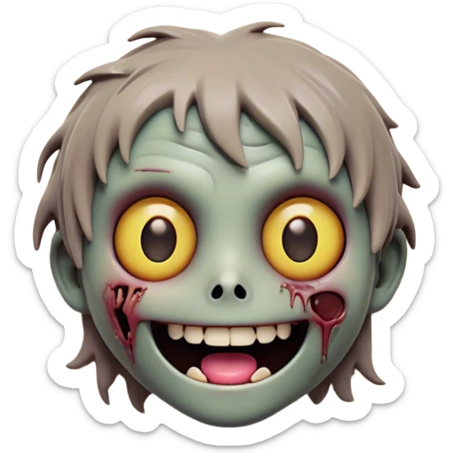 Cinematic Cute Zombie Portrait Emoji, with a delightfully quirky, slightly disheveled face in muted ashen hues, featuring quirky bright eyes and a playful, stitched-together smile, simplified yet irresistibly charming, highly detailed with a soft glowing outline that captures the adorable, offbeat spirit of a zombie who’s more cute than creepy! sticker