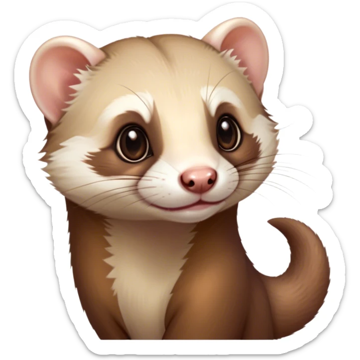 Cinematic Cute Ferret Portrait Emoji, Head tilted playfully, with an elongated, flexible body and a characteristically curious expression, featuring a short, pointed snout, bright, sparkling eyes, and soft fur in warm brown and cream tones, Simplified yet irresistibly adorable features, highly detailed, glowing with a warm, friendly glow, high shine, affectionate and lively, stylized with a touch of whimsical mischief, soft glowing outline, capturing the essence of a fun-loving and mischievous ferret that feels like it could scamper straight into your heart! sticker