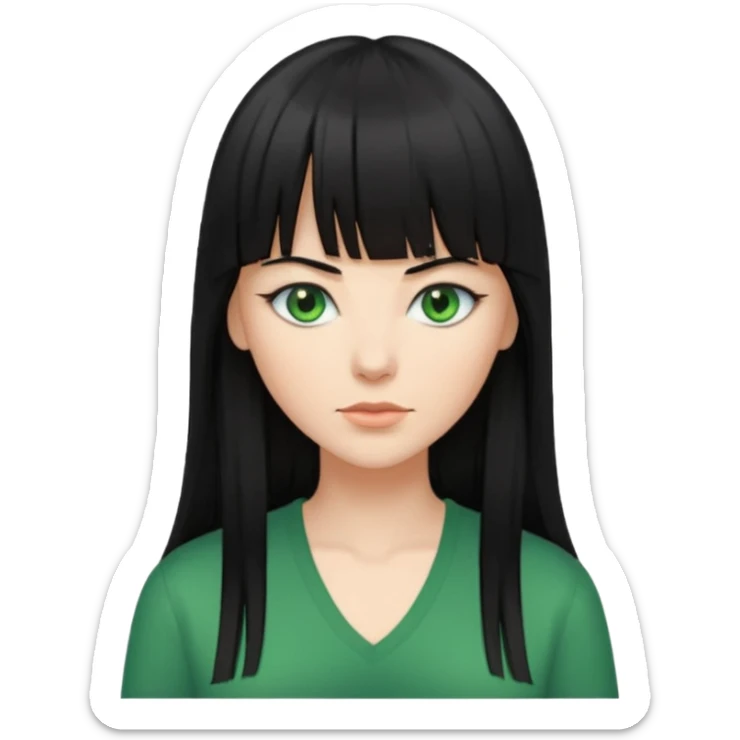 A white woman with Long straight hair with bangs, black hair, green eyes and a low-cut shirt sticker