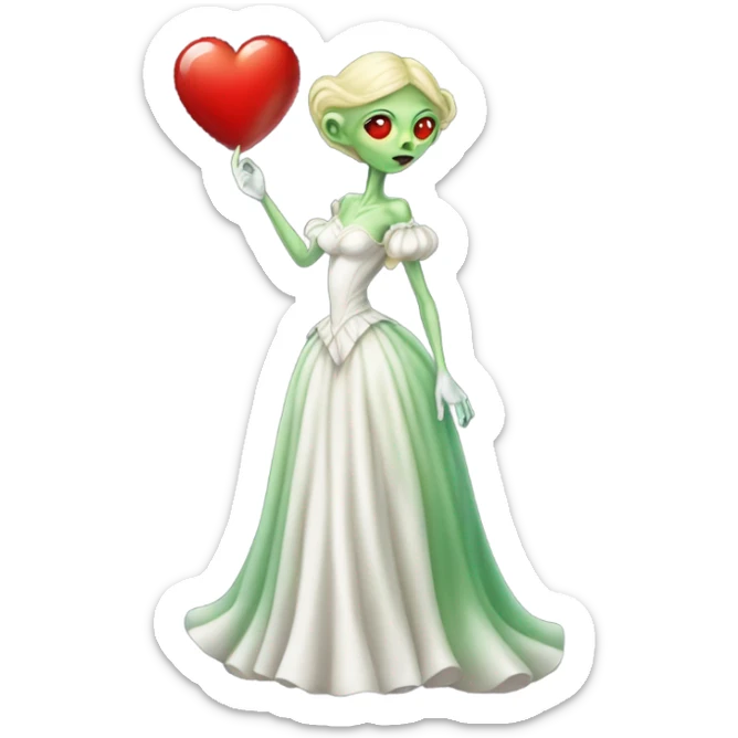 "galora green blonde alien woman" in white Victorian dress elegant, full body, holdig red big hearth sticker