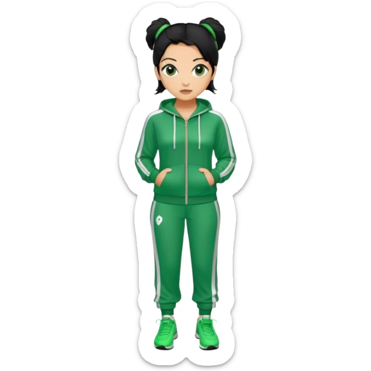 Cha Age: Late 40s
a woman with black hair tie, Green player tracksuit sticker