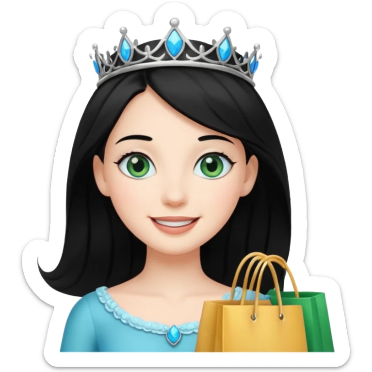 zadowlona czarnowłosa ksiezniczka z dlugimi wlosami i ma niebiesko zielone oczka jest zadowolona z zakupami sticker