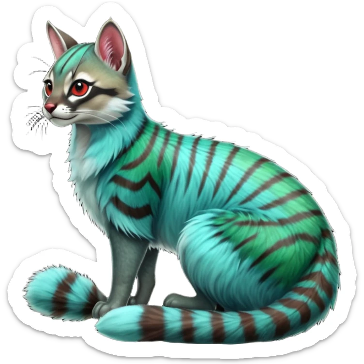 Colorful exotic shiny striped blue-cyan-green-gradients-colored fur coat with red markings tropical glorious iridescent divine exotic cute cool beautiful realistic caracal-civet-genet-sergal-vernid-Cacomistle-Trico-oncilla-animal-Fakémon-hybrid-fursona (full body) sticker