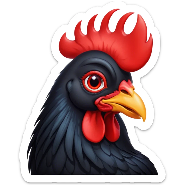 Cinematic Cute Black Rooster Portrait Emoji, Head tilted playfully and inquisitively, featuring a glossy, immaculate black plumage with a vibrant red comb, round, sparkling eyes filled with curiosity, Simplified yet irresistibly adorable features, highly detailed, glowing with a warm, friendly glow, high shine, affectionate and spirited, stylized with a touch of farmyard whimsy, bright and endearing, soft glowing outline, capturing the essence of a mischievous yet loving rooster, so playful it feels like it could strut out of the screen and into your arms! sticker