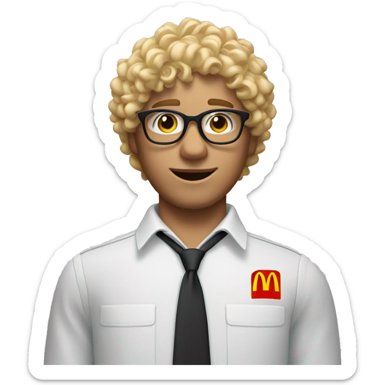 blonde curly hair man with acne and glasses in mcdonald’s uniform and wearing mcdonald hat sticker