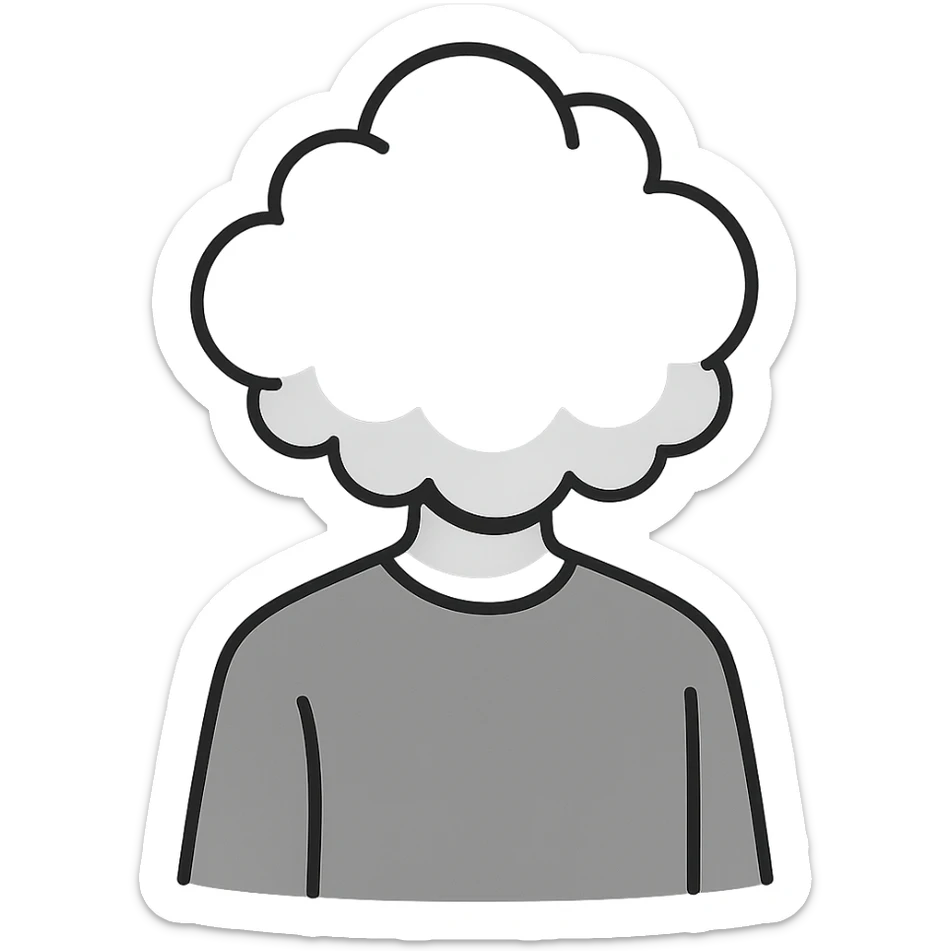 person whose body up to the shoulders is entirely made of fluffy voluminous clouds, clouds form the figure, minimalist illustration style sticker