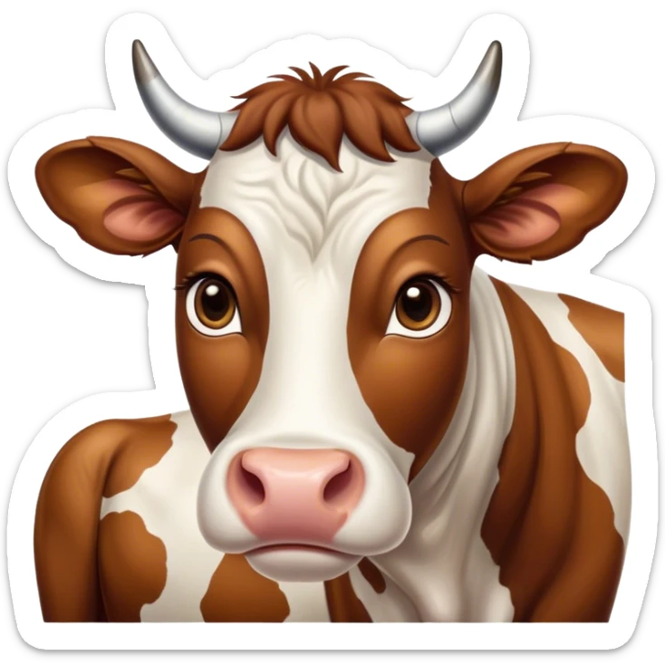 Cinematic Noble Brown and White Cow Portrait Emoji, Poised and regal, with a large, sturdy build and a beautifully patterned hide of rich brown accented by crisp white patches, deep-set soulful brown eyes, Simplified yet sharp and sophisticated features, highly detailed, glowing with a soft, dignified glow, high shine, intelligent and calm, stylized with an air of pastoral majesty, focused and attentive, soft glowing outline, capturing the essence of a watchful and confident bovine guardian, so majestic it feels as though it could amble out of the screen with effortless authority! sticker