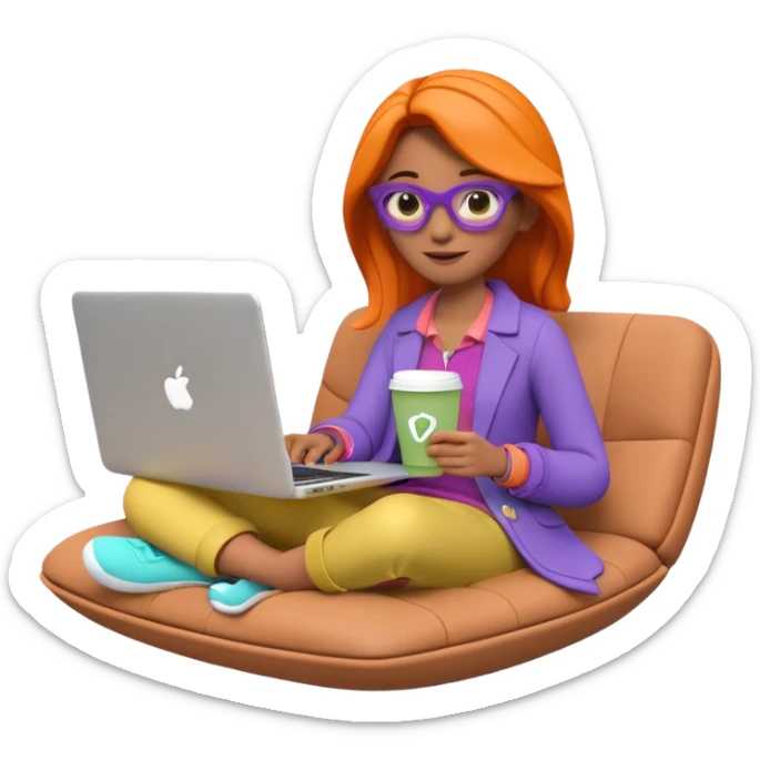 3D clay woman character relaxed with laptop and coffee in Paris, floating icons (dollars), colofrful modern outfit, white laptop, Pixar style, transparent background sticker