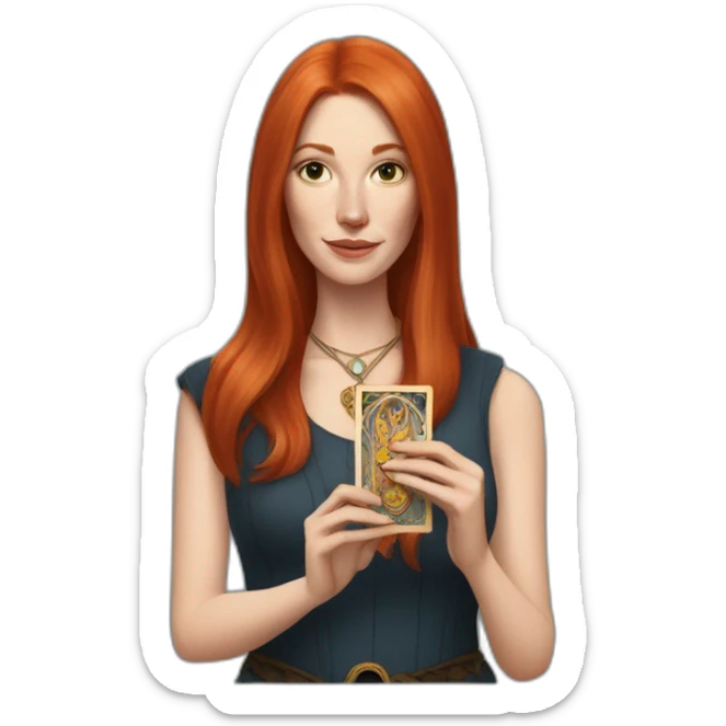 redhead white woman medium long straight hair, holding a tarot card in her hand sticker