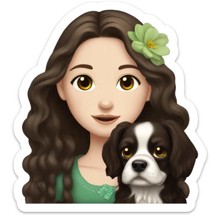 pale skin girl with green eyes with long dark brown hair that has a flower in her hair  holding a black and brown cavalier dog the dog also has a flower in its hair sticker
