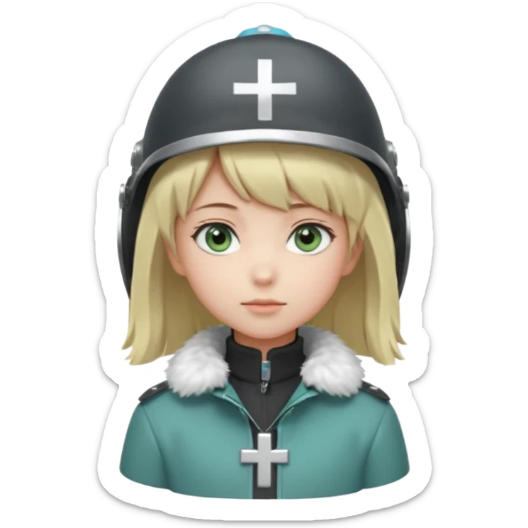 a cute anime girl with short blonde hair and soft bangs, large light blue eyes, and a gentle, calm expression. She is wearing a dark gray helmet with a small cross symbol on the front and a green coat with a fluffy white fur collar. Minimalistic, soft, and innocent character design. sticker