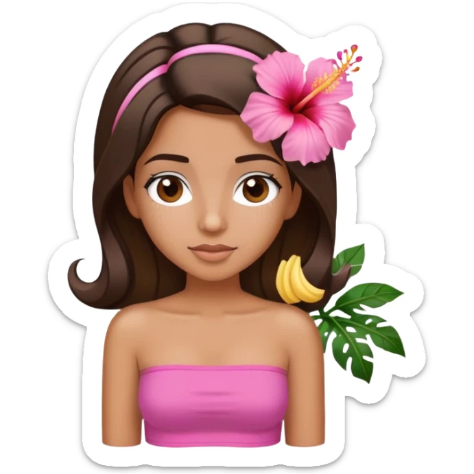 tan girl with dark brown hair and blonde highlights with a hibiscus flower in her hair wearing a pink tube top with tan lines showing sticker
