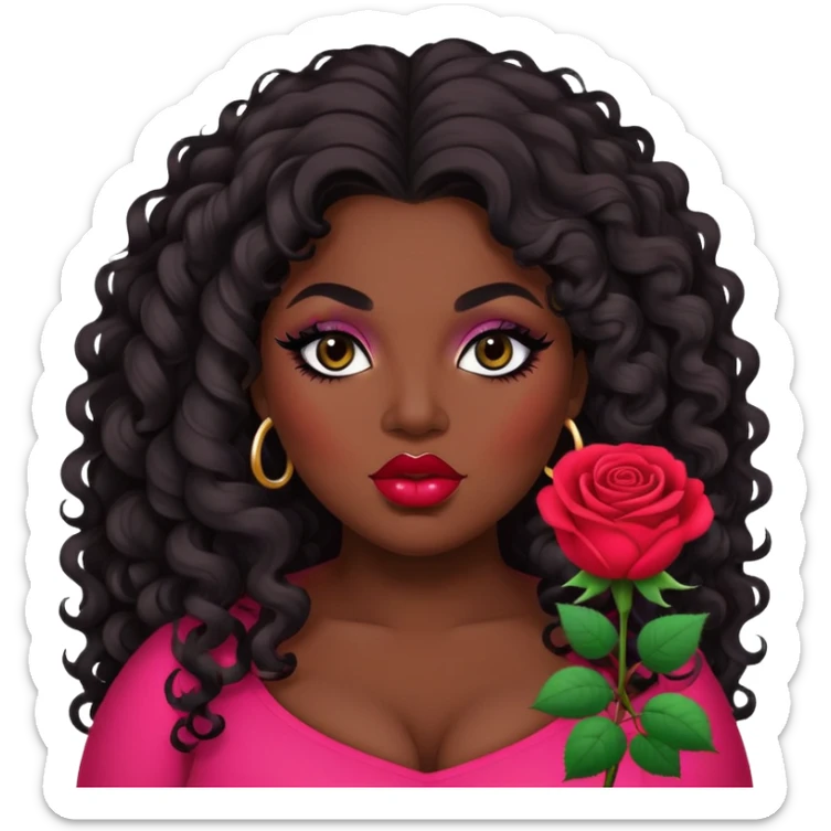 big plus size, dark skin, curly long hair, baddie,pretty rose lips, makeup, black eyeliner, long hair sticker