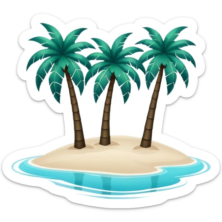 group of dark green palm trees on white sand, azure water on the edges of the sand, minimalism, iOS emoji style, no background, no smileys or faces sticker