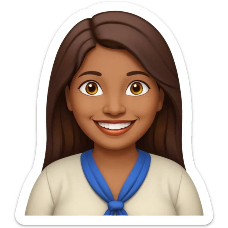 40 yr old chubby Sri Lankan woman, dark skin, straight brown hair, big smile, white teeth, european clothes, longer hair sticker