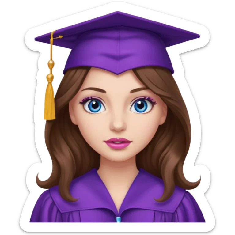 girl with long wavy brown hair, blue eyes, long lashes makeup, sexy pink lips, wearing a purple graduation cap and gown sticker