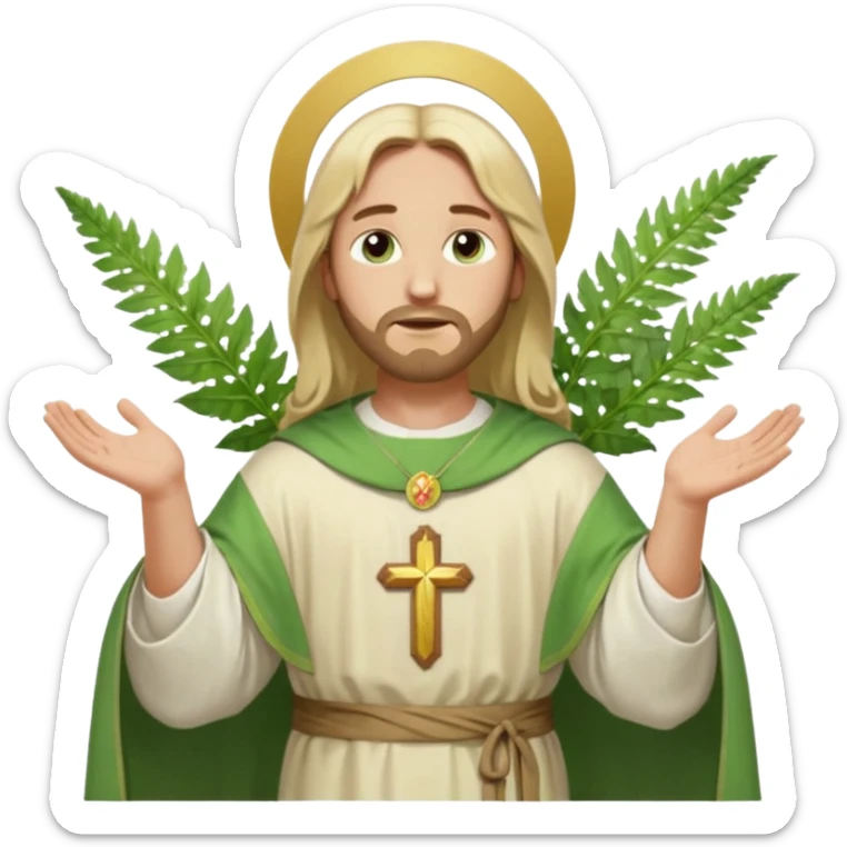 Jesus, green eyes, blonde hair, light green chasuble. opening arms, gazing thoughtfully. Soft light, subtle fern. Waist-up, profile. sticker