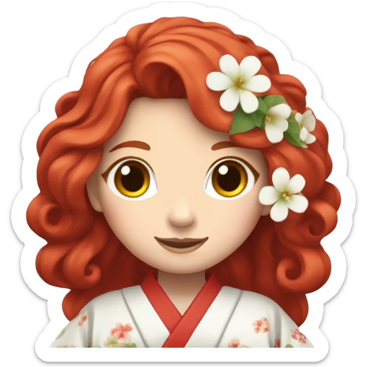 Long wavy Red hair woman, wearing a red kimono white flowers sticker
