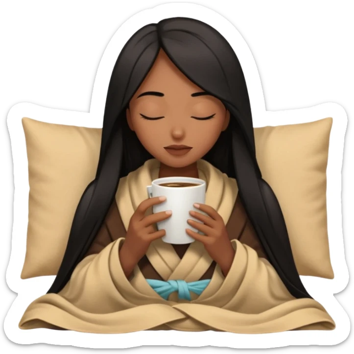 Chocolate brown girl with long straight jet black hair wrapped inside a tan blanket sipping coffee eyes closed sticker