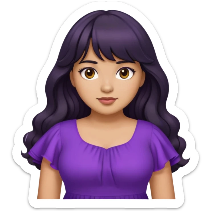 Latina girl with bangs black long wavy hair plus size with a purple dress sticker