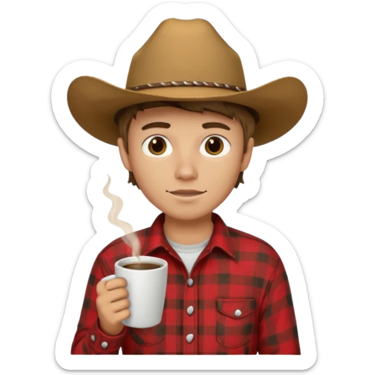generate an ios genmoji of a 20 year old tan boy with a cowboy hat and side burns. Wearing a flannel and carrying a coffee mug sticker