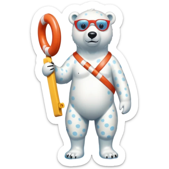 full body friendly anthropomorphised polar bear wearing polka dot swim shorts and swim goggles, standing in a puddle and holding a life buoy sticker