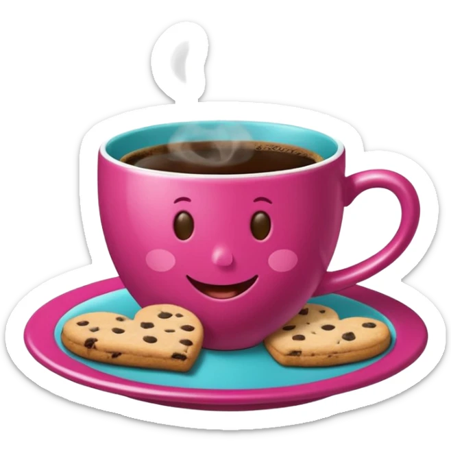 cup of coffee, steaming, the smoke should come out in the shape of a heart, the color of the cup is fuchsia, the cup has a happy face printed on it, the cup rests on a turquoise blue plate, and there are cookies and sugar cubes around the cup. sticker