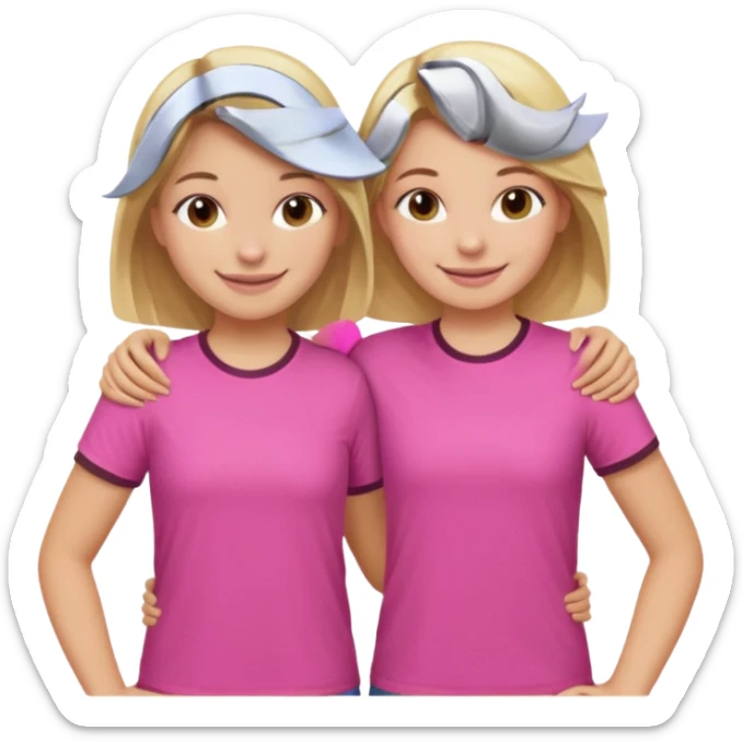 Two Girls with their arms around each other at summer camp one blonde one brown hair wearing pink shirt sticker
