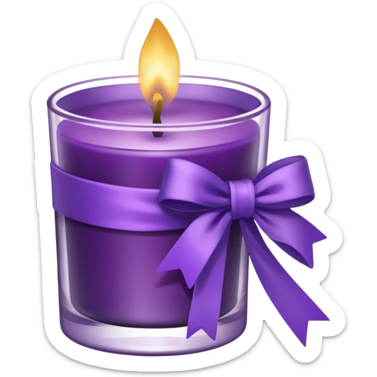 A transparent shot cup with purple wax that is lit as a candle, and purple ribbon wrapped around the cup. sticker