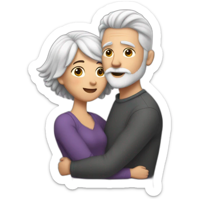 Man with gray hair and white beard hugs woman with dark brown hair with floating hearts sticker