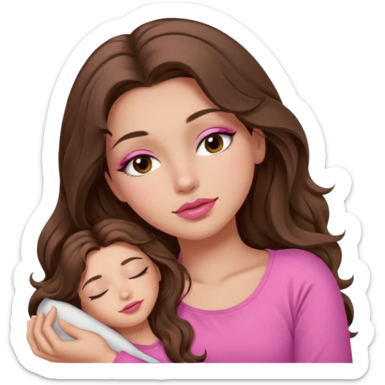 girl with long wavy brown hair, brown eyes, long lashes makeup, sexy pink lips, light to medium complexion, wearing a pink sexy top, sleeping sticker