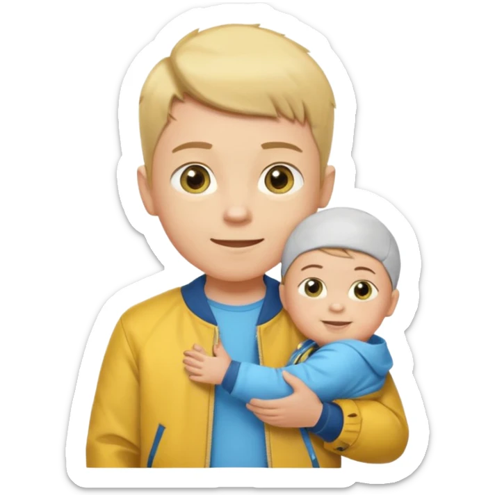 boy with baby hair cut shrugging his shoulder, wearing yellow jacket and smile sticker