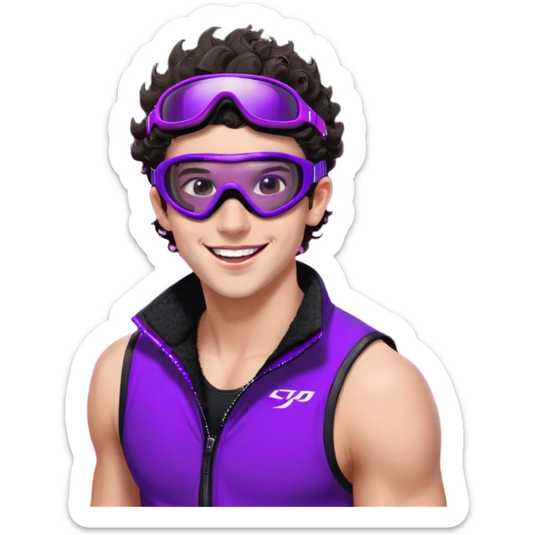 close-up of cool guy male athlete with white skin and moderately curly dark brown hair on top with shaved sides, wearing ski goggles with purple frames and very dark black lenses, winking behind the goggles, with an open mouth confident smile like a cool guy, a simple plain black chain necklace, and a completely unzipped sleeveless vest with purple and black sequin fire pattern design with no logo sticker